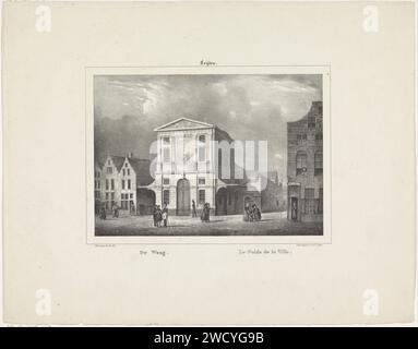 View of the Waag in Leiden, J.B. Clermans, 1826 - 1839 print On the square in front of the Waag standing and walking, among whom a two soldiers. In the building on the right there is a man in the doorway and a woman hangs out of the window. Amsterdam paper  city-view, and landscape with man-made constructions (+ city(-scape) with figures, staffage). scales. human figure at (open) window Leiden Stock Photo