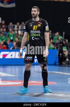 Muenchen, Deutschland. 16th Jan, 2024. Vuko Borozan (Montenegro, #87). GER, Serbien vs. Montenegro, Handball, Maenner, EHF Euro 2024, Gruppe C, 3. Spieltag, 16.01.2024. Foto: Eibner-Pressefoto/Heike Feiner Credit: dpa/Alamy Live News Stock Photo