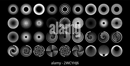 Set black thick halftone dashed speed lines. Design element for frame, logo, tattoo, web pages, prints, posters, template. Velocity lines in the shape Stock Vector