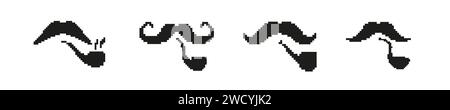 Pixel mustache with smoking pipe set Stock Vector
