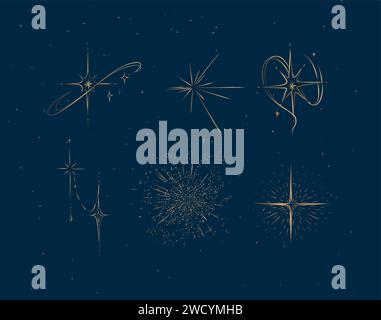 Different states of stars drawing in graphic style on blue background Stock Vector