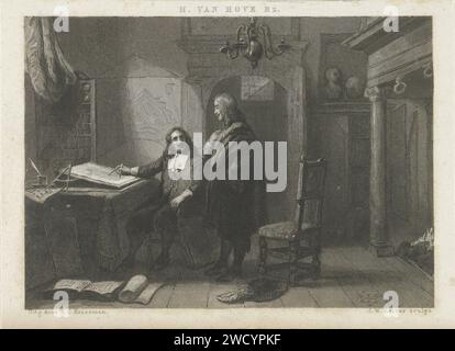 Jacob van Campen designs the town hall, Johann Wilhelm Kaiser (I), after Huib van Hove BZ, 1850 print Jacob van Campen is sitting at a desk in a room. He has a passer in his hand and looks at the man standing next to him. There is a map next to the desk and a book is a hat in the foreground.  paper etching wise man Stock Photo