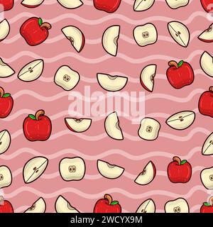 Apple Fruit Seamless Pattern in Cartoon Style. Perfect For Background, Backdrop, Wallpaper and Cover Packaging. Vector Illustration. Stock Vector