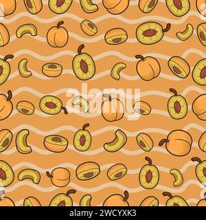 Apricot Fruit Seamless Pattern in Cartoon Style. Perfect For Background, Backdrop, Wallpaper and Cover Packaging. Vector Illustration. Stock Vector