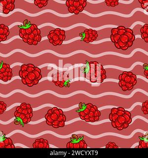 Raspberry Fruit Seamless Pattern in Cartoon Style. Perfect For Background, Backdrop, Wallpaper and Cover Packaging. Vector Illustration. Stock Vector