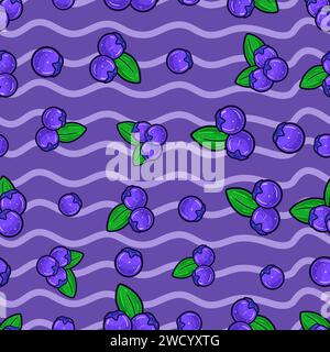 Blueberry Fruit Seamless Pattern in Cartoon Style. Perfect For Background, Backdrop, Wallpaper and Cover Packaging. Vector Illustration. Stock Vector
