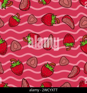Strawberry Fruit Seamless Pattern in Cartoon Style. Perfect For Background, Backdrop, Wallpaper and Cover Packaging. Vector Illustration. Stock Vector