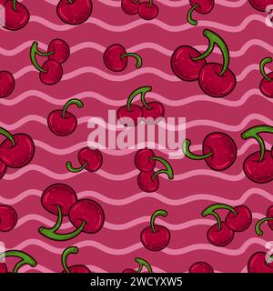 Cherry Fruit Seamless Pattern in Cartoon Style. Perfect For Background, Backdrop, Wallpaper and Cover Packaging. Vector Illustration. Stock Vector