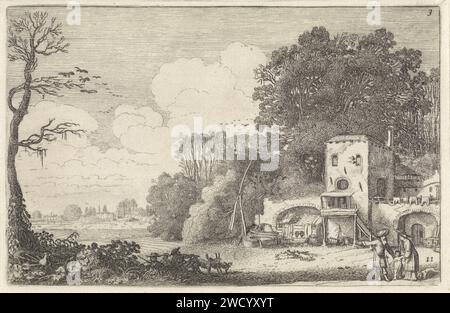 Landscape with the road shipment of Hagar and Isamel, Jan van de Velde (II), 1616 print A landscape with a house for which a man, a woman and a child (Abraham, Hagar and Ismael) stand (Gen. 21: 9-21). The man has extended the right hand in a pointing gesture. Three shepherds resting in the middle in the foreground. Eleventh print of part three of a series of a total of sixty prints with landscapes, spread over five parts of twelve prints each. Northern Netherlands paper etching the banishment of Hagar and Ishmael (Genesis 21:9-21). farm or solitary house in landscape. herding, herdsman, herdsw Stock Photo
