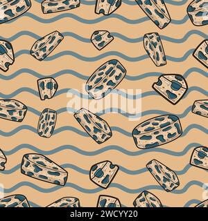 Blue Cheese Seamless Pattern in Cartoon Style. Perfect For Background, Backdrop, Wallpaper and Cover Packaging. Vector Illustration. Stock Vector