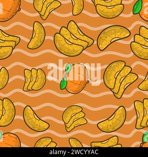 Orange Fruit Seamless Pattern in Cartoon Style. Perfect For Background, Backdrop, Wallpaper and Cover Packaging. Vector Illustration. Stock Vector