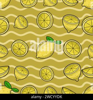 Lemon Fruit Seamless Pattern in Cartoon Style. Perfect For Background, Backdrop, Wallpaper and Cover Packaging. Vector Illustration. Stock Vector