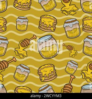 Honey Seamless Pattern in Cartoon Style. Perfect For Background, Backdrop, Wallpaper and Cover Packaging. Vector Illustration. Stock Vector