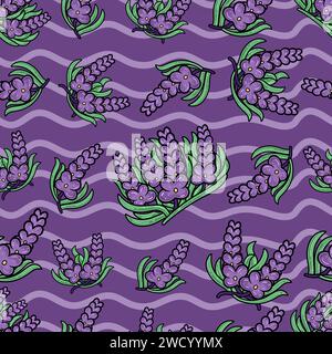 Lavender Flower Seamless Pattern in Cartoon Style. Perfect For Background, Backdrop, Wallpaper and Cover Packaging. Vector Illustration. Stock Vector