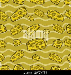 Cheese Seamless Pattern in Cartoon Style. Perfect For Background, Backdrop, Wallpaper and Cover Packaging. Vector Illustration. Stock Vector