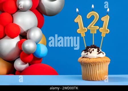 Number 121 birthday candle - Anniversary card with balloons Stock Photo