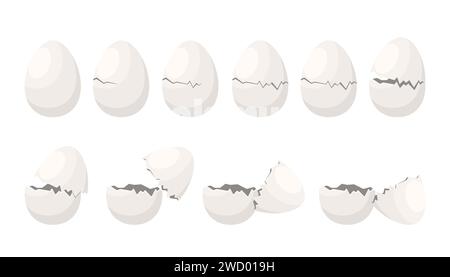 Broken egg set, sequence game animation. Eggshell crack steps for cooking, breaking stages from whole to half cracked empty egg with crash damage and white pieces of shell cartoon vector illustration Stock Vector