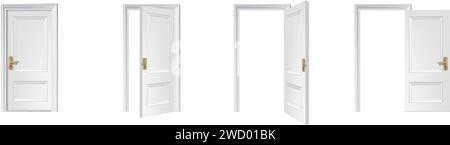 3d realistic vector icon illustration. White wooden door opened and closed. Stock Vector