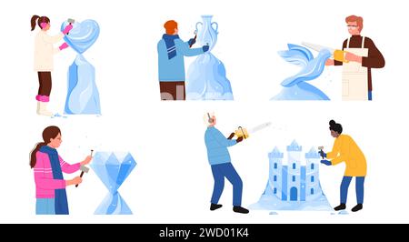 Making ice sculptures in winter set. Sculptors holding chisel and hammer, chainsaw to make figures of bird and heart, diamond and jug, building blue crystal fortress cartoon vector illustration Stock Vector