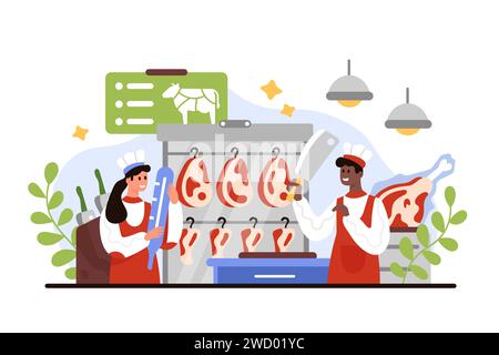 Beef aging process in butchery, steak production and storage. Tiny butchers holding thermometer to control temperature in rack with aged beef cuts, man cutting meat cartoon vector illustration Stock Vector