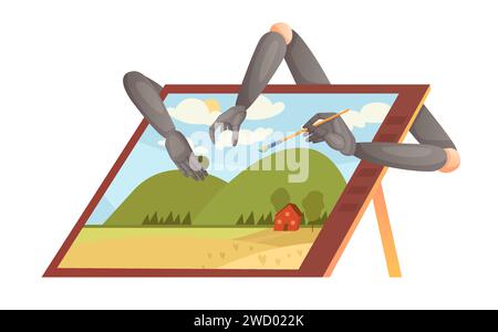 Art generated by artificial intelligence vector illustration. Cartoon arms of robot with brush drawing image on tablet screen, AI automated work instead of human artist to generate digital content Stock Vector
