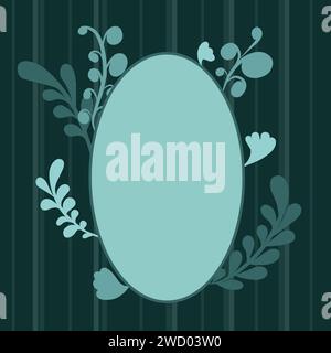 Spring striped turquoise colored background with turquoise leaves and patterns. Oval space for text. Vector. Stock Vector