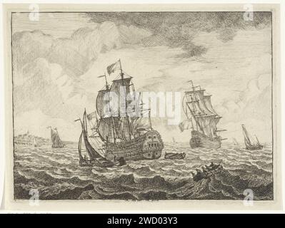 Seascape with two three -masters, Adam Silo, 1689 - 1760 print Two three -masters sail on a troubled sea. A few smaller ships sail around it. Four people in a sloop against the waves are rowing in the foreground. In the background the coastline with a church. Amsterdam paper etching / engraving sea (seascape) Stock Photo