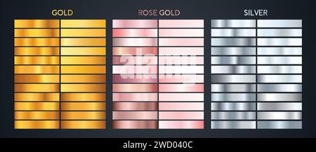 Collection of silver and golden gradient backgrounds, Gold rose gold and silver metallic gradients set. Stock Vector