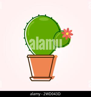 Green prickly round cactus with pink blooming flower in brown pot. Illustration with outline. Vector Stock Vector