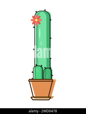 Green spiny long branching cactus with pink blooming flower in brown pot. Illustration with outline. Vector Stock Vector
