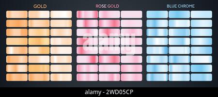 Set of gold and silver metallic textures. Gold, rose gold and blue chrome metallic gradients set Stock Vector