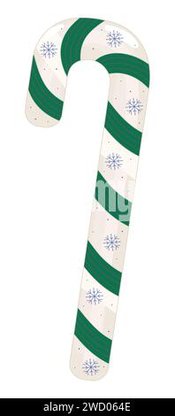 Winter candy cane with green stripes and blue snowflakes, vector color illustration Stock Vector