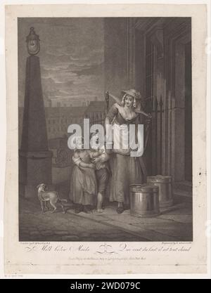 Melkmeid, Luigi Schiavonetti, after Francis Wheatley, 1793 print A young woman with a yoke on her shoulders, standing on the street in the company of two young children. In addition to her two large milk buckets and a smaller bucket in her right hand. On the left a dog and a street lamp. Title in the end margin. London paper engraving milkmaid. selling. carrying something with yoke. 'cris de Paris', cries of London, etc. Stock Photo