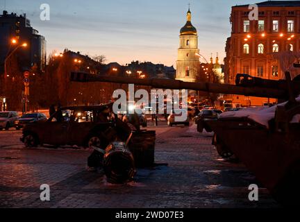 Open-air exhibition of destroyed Russian military equipment in the center of Kyiv. Stock Photo