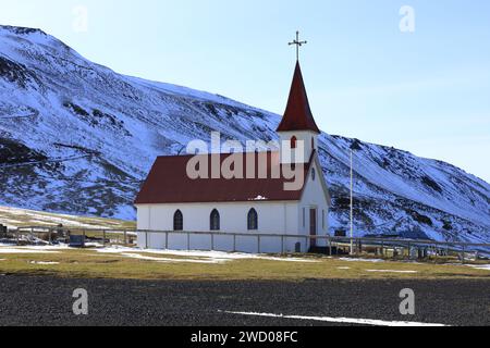 View on the church of the village of Vík located in the southernmost in Iceland Stock Photo