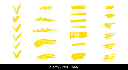 Brushes and elements for notes highlighting text. Ticks strokes highlighting yellow. Vector illustration... Stock Vector