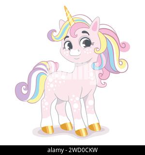 Cute happy smiling baby unicorn with long mane in pastel colors. Vector illustration in cartoon style for print, decorations, kids clothes, souvenirs, Stock Vector