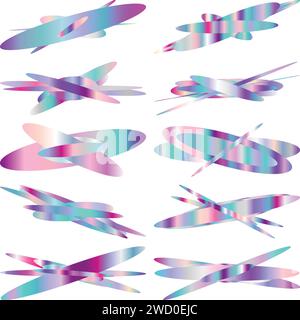 An abstract cut out transparent iridescent oval gradient shape futuristic pattern design element bundle. Stock Vector