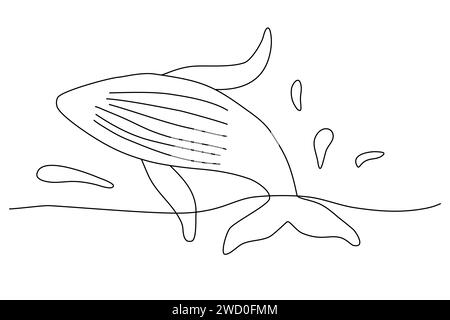 Whale jumping from water with splashes, doodle style flat vector outline illustration for kids coloring book Stock Vector