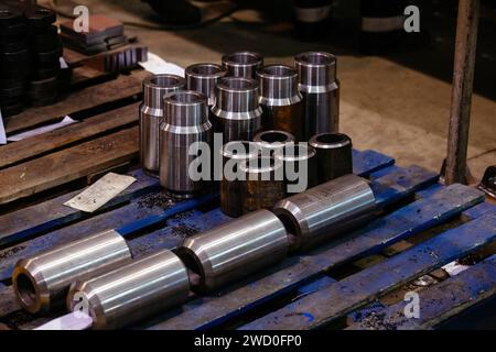 Steel bushings made on lathe. Spare parts. Stock Photo