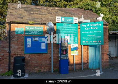 Church Street pay and display council car park with a card only payment machine, Ring Go app payment sign and a CCTV camera. Stratford upon Avon, UK Stock Photo