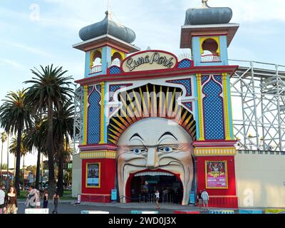 View of the famous mouth entrance to Luna Park Melbourne amusement park in St Kilda Melbourne Victoria Australia Stock Photo