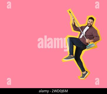 Pop art poster. Young man with broom having fun on pink background. Space for text Stock Photo