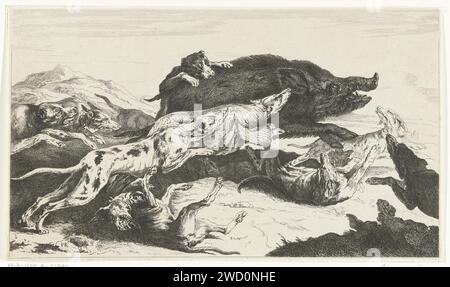 Dogs hunt a Zwijn, William Young Ottley, After Peeter Boel, 1828 print Wildezwijnenjacht. A pack of dogs drives a wild boar. London paper etching boar-hunting Stock Photo