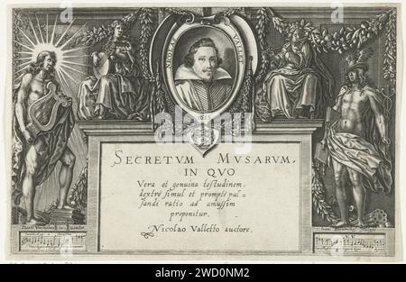 Portrait of Nicolas Vallet flanked by muses with musical instruments and Apollo with Lier and Mercury and Title, Joan Berwinckel, after David Vinckboons, 1615 print In Cartouche the portrait of Nicolas Vallet and his weapon above rectangular list for title. The portrait is flanked by two muses playing on a lute and whistle and ornaments with garlands. There are two mythological figures on both sides, Apollo with winches and sun rays and Mercury with winged helmet and caduceus.  paper engraving Lute, and Special forms of Lute, E.G.: Theorbo. The composer and his muse. Apollo playing the lyre, a Stock Photo