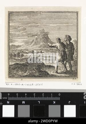 Two walkers look out over a wide landscape, Jan Luyken, 1711 print  Amsterdam paper etching / letterpress printing 'en route', traveller under way. landscapes Stock Photo