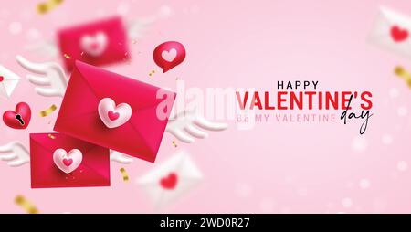 Happy valentine's day text vector background design. Valentine's day love letter invitation card with flying red envelope elements for hearts day Stock Vector