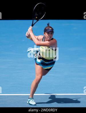 Melbourne, Australia. 18th Jan, 2024. LINDA NOSKOVA of the Czech Republic in action against MCCARTNEY KESSLER of the USA on KIA Arena in a Women's Singles 2nd round match on day 5 of the 2024 Australian Open in Melbourne, Australia. Sydney Low/Cal Sport Media/Alamy Live News Stock Photo