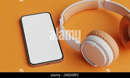 Mockup of white wireless headphones and smartphone screen on orange colored background,3d rendering Stock Photo