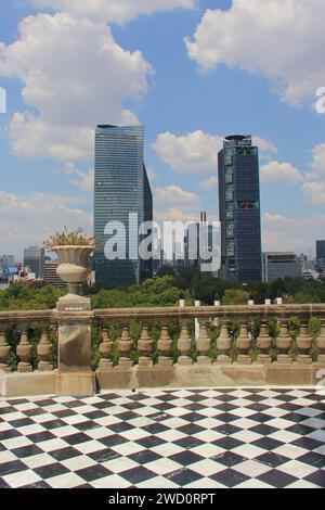 Mexico City, Mexico - Aug 9 2023: View of the skyscrapers on Reforma Avenue from the terrace of Chapultepec Castle Stock Photo